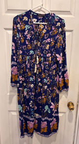 R Yiposha Navy Blue Floral Boho Empire Waist Midi Dress XS 0/2 Long Sleeve Photo 0