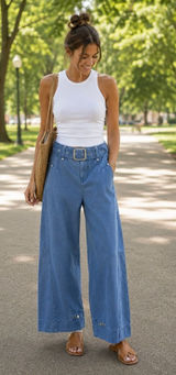 FREE PEOPLE Sloane Belted Blue Wide Leg Pants Size Small Photo 0