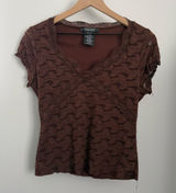 90s Y2K‎ Medium Brown Lace Trim Short Sleeve Fitted Top Grunge Scallop Neck Photo 0