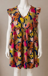 Umgee Tropical Leaf Flutter Sleeve Babydoll Mini Dress C3776 Blue Pink Mens M Photo 0