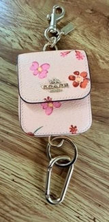 Coach Wildflower Print Leather AirPods Case Bag Charm Keychain Pink Floral Gold Photo 0