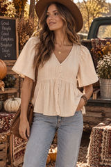 Boho Cotton Peplum Top Ivory Textured V Neck Button Front Mi Ami Francesca's S Photo 0