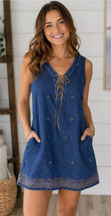 Vintage Jean dress embroidered Aztec designs geometric Denim Jumper cottagecore Photo 0