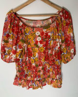 LOFT Red Multi Floral Cotton Puff Sleeve Smocked Waist Blouse S Spring Photo 0