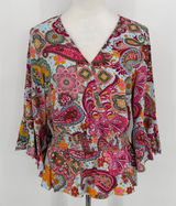 1.STATE Paisley Bell Sleeve Peplum Blouse Large Blue Pink Boho Festival‎ Hippie Photo 0
