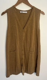 Zara Knit Vest Wm LG Brown V-Neck Sleeveless Cardigan Indie Twee Preppy Grandma Photo 0