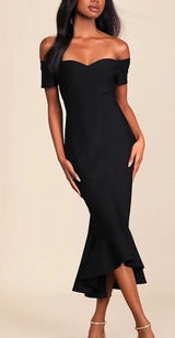NWT Lulus Off Shoulder Trumpet Midi Dress Mermaid Womens S Black Cocktail Event Photo 0