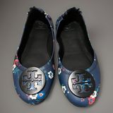 Tory Burch Minnie Travel Ballet Flats Navy Blue Floral Leather Logo Shoes 7 Photo 0