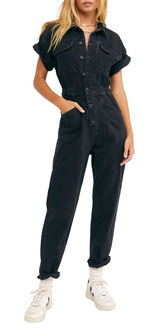 Free People Marci Denim Jumpsuit M Iron Black Utility Coverall Boiler Suit Work Photo 0