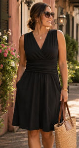 Athleta Jura Sleeveless Black V Neck Empire Waist Pocket Dress Women's M L Tall Photo 0