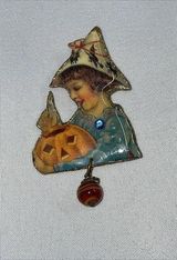 Rare Vintage Halloween Girl with‎ Pumpkin Pin Brooch Photo 0