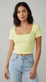 NWT O'Neill 100% Cotton Lemon Yellow Crop Top Sz S Scalloped Hem Square Neck Photo 0