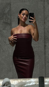 Strapless Faux-Leather Bodycon Dress in Burgundy Photo 0