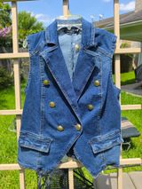 Double-Breasted Denim Vest in Dark Blue with Gold Buttons Small Photo 0