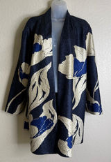 Chicos Travelers 3 US XL Womens Jacket Navy Blue Cream Floral Open Front Crinkle Photo 0
