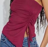 Garage burgundy Shirred Asymmetric Tube Top with tie detail Photo 0
