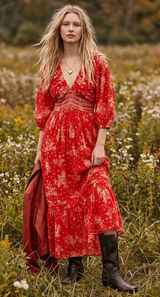 Free People Golden Hour Maxi Dress Cherry Red Large Bohemian Spring Floral 70s Photo 0