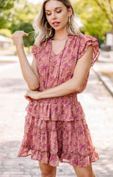 Entro Mauve Floral Smocked Mini Dress Tiered Cottage Boho Romantic Feminine Photo 0