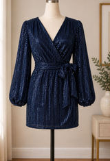 Navy Blue Sequin Wrap Dress Long Sleeve Tie Waist Cocktail Party Mini Dress Photo 0