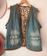 VINTAGE denim leopard lined vest beading studded reworked SIZE LARGE Coachella‎ Photo 0