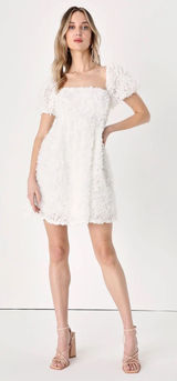 Precious Passion White Floral Puff Sleeve Babydoll Dress Photo 0