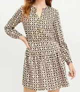 Loft by Ann Taylor Geometric‎ Floral Long Sleeve Mini Dress Brown Pink Retro Photo 0