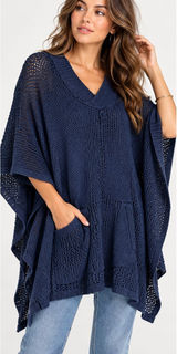 L’ogan Navy Blue Open Knit Oversized Poncho Sweater V Neck. Size One Size Photo 0