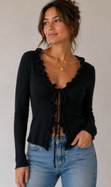 Nation LTD Medium Black Ribbed Ruffle Tie Front Long Sleeve Cardigan Photo 0