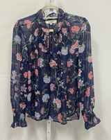 LOFT Floral Chiffon Ruffle Tie Neck Smocked Cuff Blouse Large Navy Blue Sheer Photo 0
