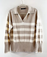 Zesica Long Sleeve V Neck Striped Polo Pullover Sweater Tan White Small Photo 0