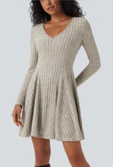 Halara Womens Long Sleeve Ribbed V-Neck Fit & Flare Mini Dress Oatmeal Grey‎ S Photo 0