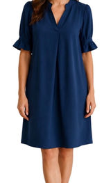 Umgee Womens Navy Blue‎ Split Neck Shift Dress Short Puff Ruffle Sleeve Size Large Photo 0