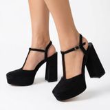 New York & Company Malayah Black Faux Suede Platform Block Heels Size 9 Photo 0