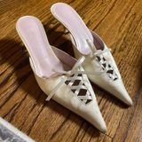 Vera Wang Mules Size 38.5 Ivory Satin Kitten Heels Lace Up (Flawed) Photo 0