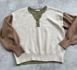 Mine Blocked Neural Color Sweater Size Small S Colorblock Puff Sleeve Henley‎ Photo 0