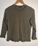 Ann‎ Taylor Factory Med Olive Green Ruffle Hem Crew Neck Sweater Minimal Office Photo 0