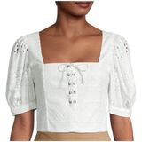 Alice + Olivia‎ White Eyelet Lace Crop Top Puff Sleeve Lace Up likely size XS Photo 0