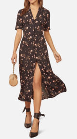Reformation Rocki Floral Print Shirtdress Women's 0 Black Rose Midi Dress Photo 0