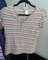 Cherokee Y2K Vintage Baby Tee Striped Henley Lace Trim Ribbed Top Sage Pink L 10/12 Photo 0