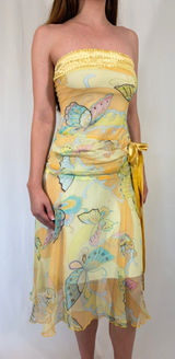 Whimsical Fairy Vintage Butter Yellow Strapless Butterfly Print Dress Photo 0