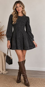 Black Acid Wash Denim Fit & Flare Mini Dress Puff Sleeve Size Small Photo 0
