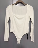 NEW Halara White Ribbed Knit Square Neck Long Sleeve Skinny Casual Bodysuit S Photo 0