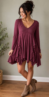 Free People Beach Womens Small Ruffle Tunic Top Long Sleeve Berry Wine V-Neck Photo 0