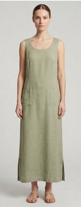 Cherokee Sage Green Linen Rayon Maxi Dress Tank Sleeveless Patch Pockets Large Photo 0