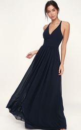 Lulu’s Dress Maxi Lovespell Lace Back Navy Blue Size Large Bridesmaid Formal NWT Photo 0