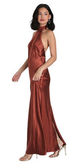 Lulus Love in Your Life Rust Brown Satin Halter Maxi Dress size Small NWT Photo 0