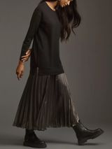 Anthropologie Women’s Twofer Black Knit Oversized Sweater Pleated Midi Dress S Photo 0