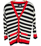 Norton McNaughton Petites‎ Black White Red Striped Button Front Cardigan Sweater Photo 0