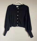 WILFRED Black Button-Front Cropped Puff Sleeve Cardigan Sweater Sz L Photo 0