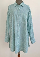 H&M 100% Cotton Green and White Oversized Striped Button Down Shirt Size S Photo 0